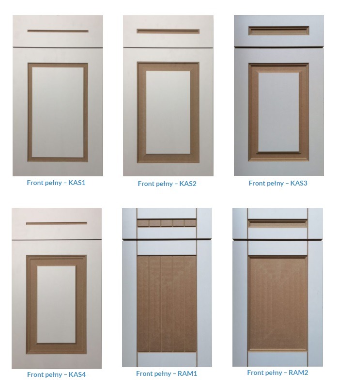 Katalog frontów meblowych w odcieniach bieli, prezentujący różne wzory i wykończenia, w tym modele z ramkami i panelami pionowymi.