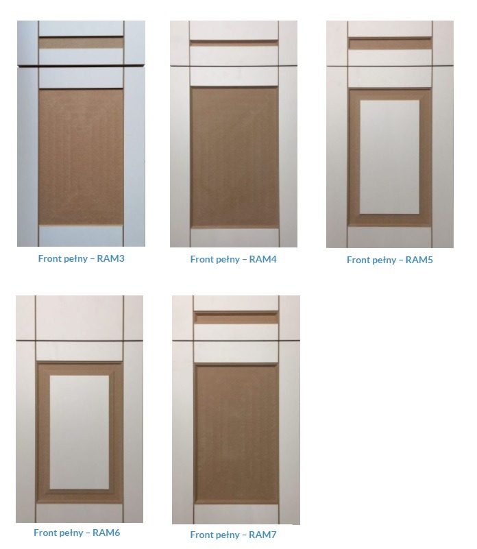 Wzornik białych frontów meblowych z różnymi wypełnieniami (drewnopodobne, białe) i frezowaniami, oznaczonych jako RAM3, RAM4, RAM5, RAM6, RAM7.