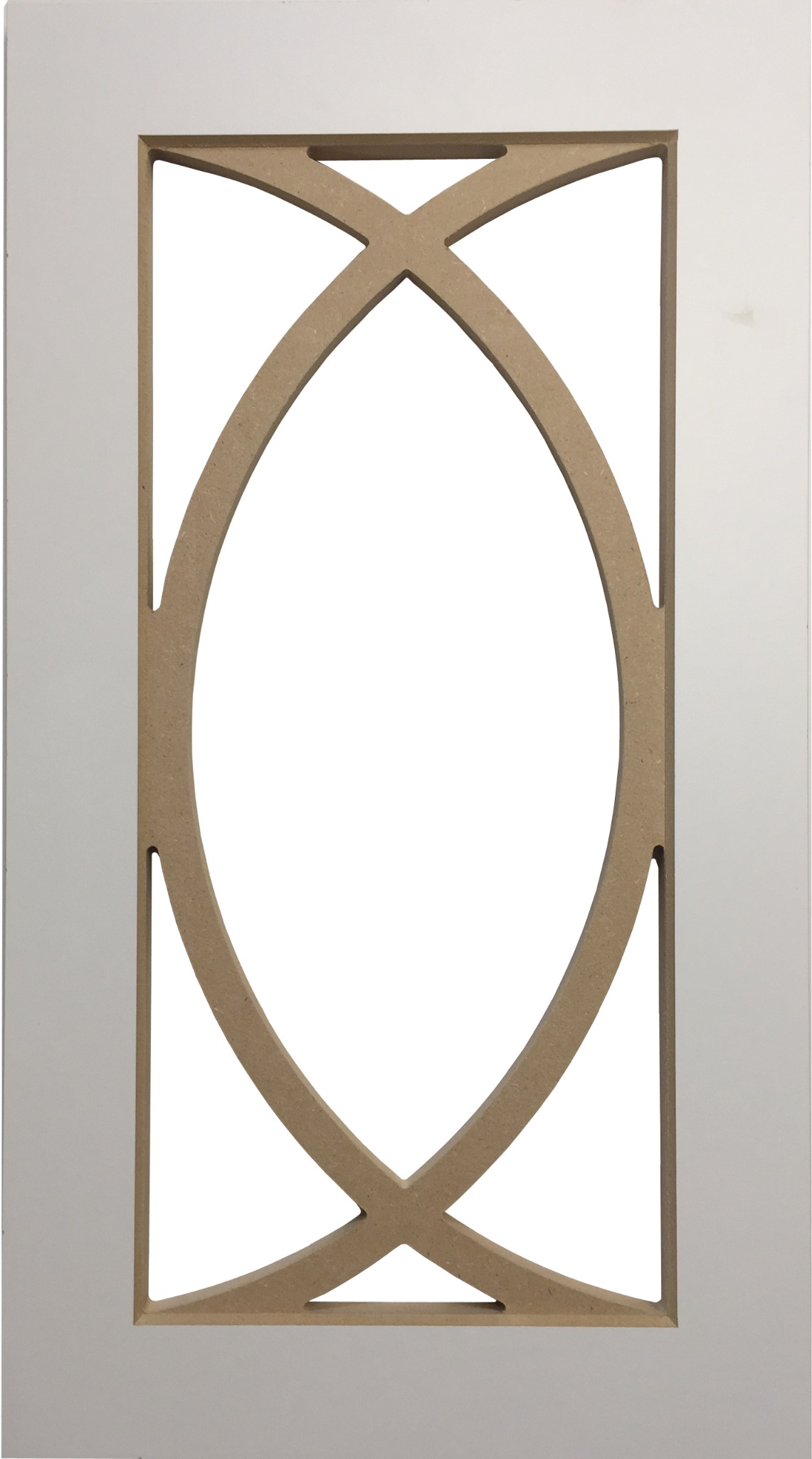 Biała rama szafy z dekoracyjnym ażurowym wypełnieniem w kształcie elips i krzyży z surowego MDF.