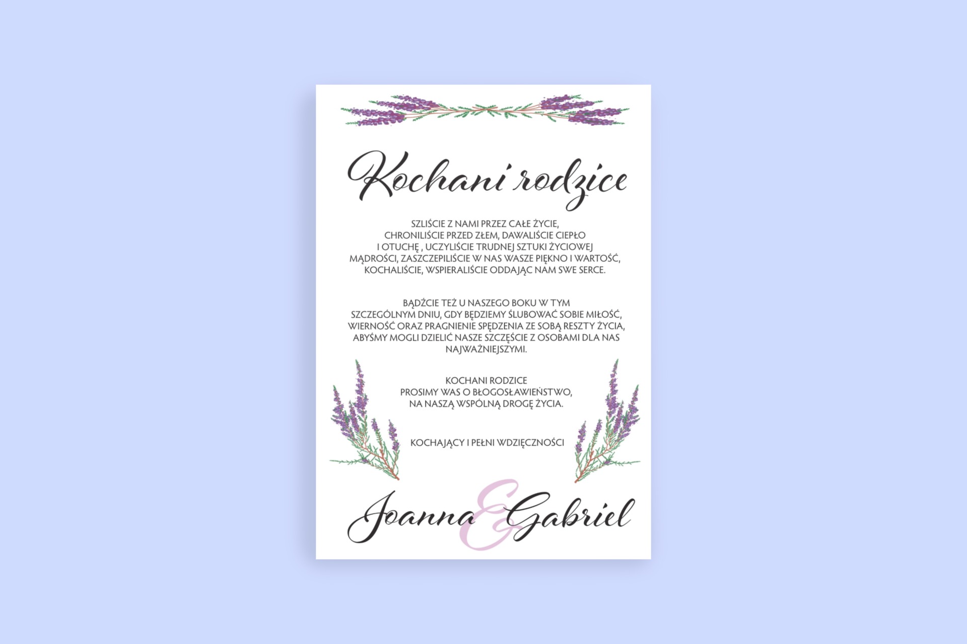 Elegancki projekt zaproszenia ślubnego dla rodziców, z delikatnymi ilustracjami lawendy w górnej i dolnej części, czcionką w stylu pisma odręcznego i spersonalizowanym tekstem.