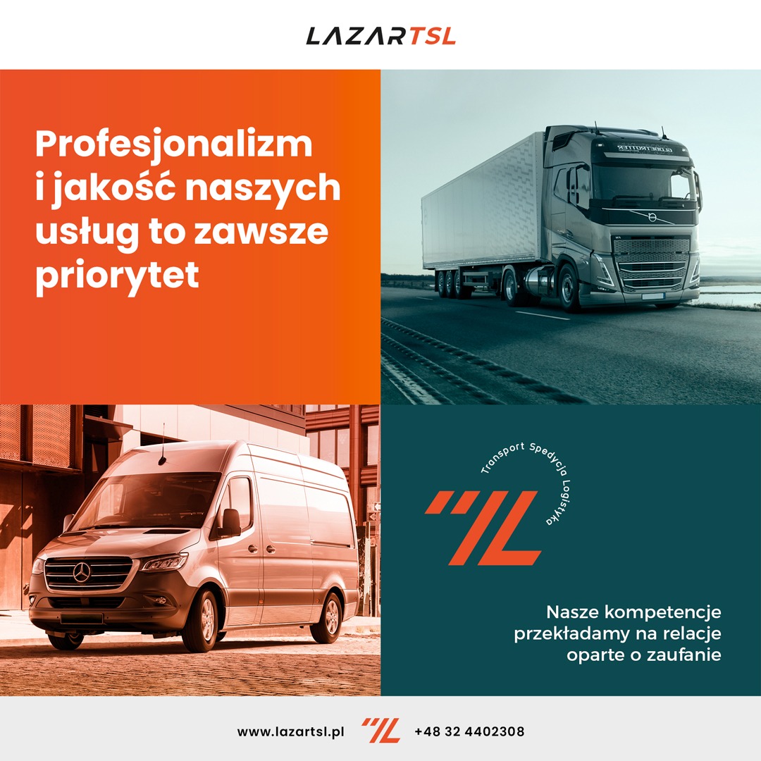 Kompozycja graficzna: Ciężarówka na drodze, bus miejski na tle budynku, logo firmy transportowej LazarTSL oraz hasła reklamowe.