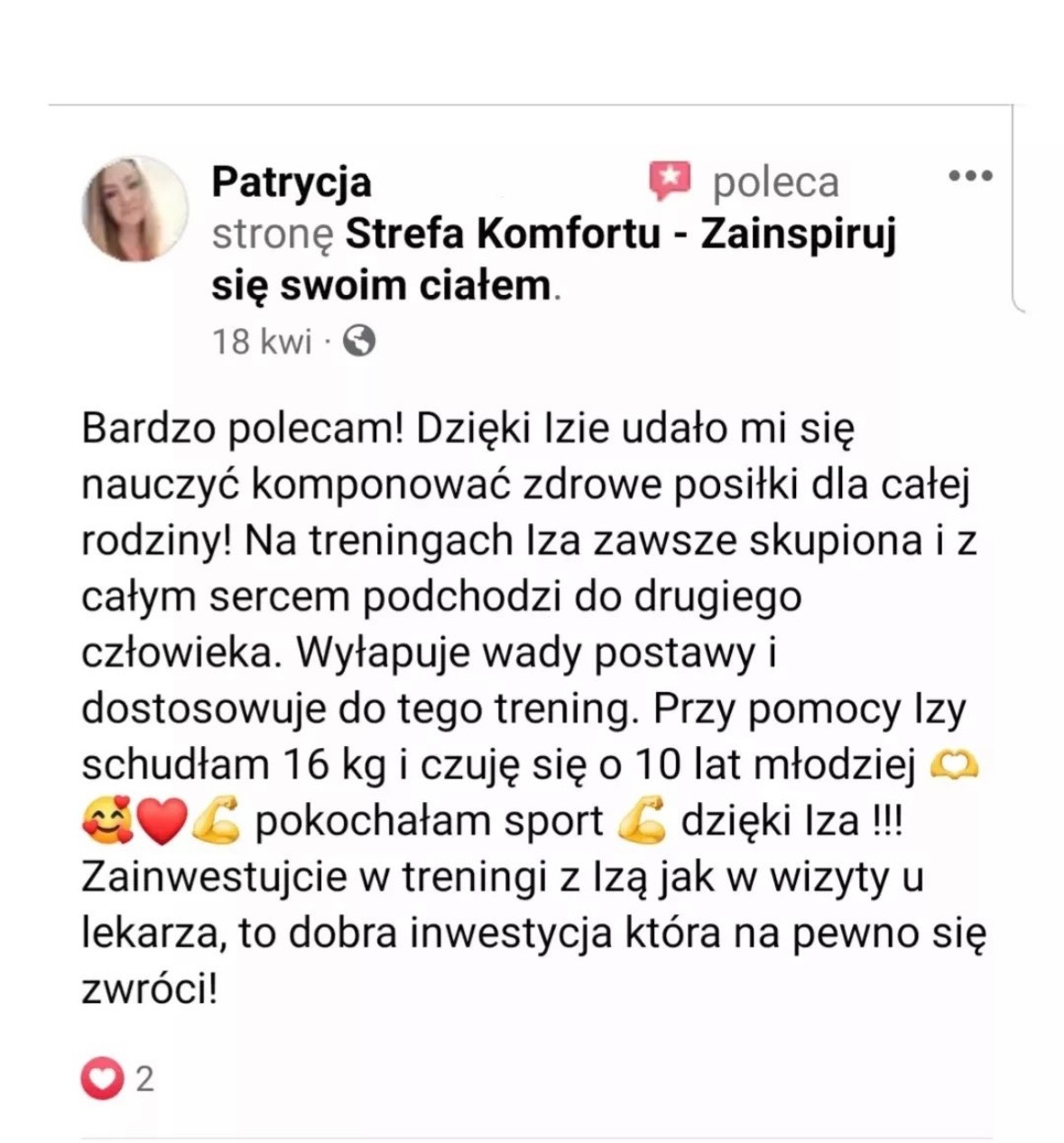 Rekomendacja online: Patrycja poleca stronę Strefa Komfortu, podkreślając korzyści z treningów z Izą, w tym naukę komponowania zdrowych posiłków i utratę wagi.