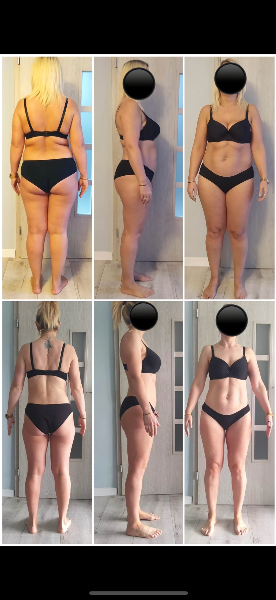 Kolaż sześciu zdjęć tej samej kobiety w czarnej bieliźnie, prezentujący zmiany w sylwetce z przodu, z boku i z tyłu, z włosami rozpuszczonymi na górnych zdjęciach i spiętymi w kucyk na dolnych,...