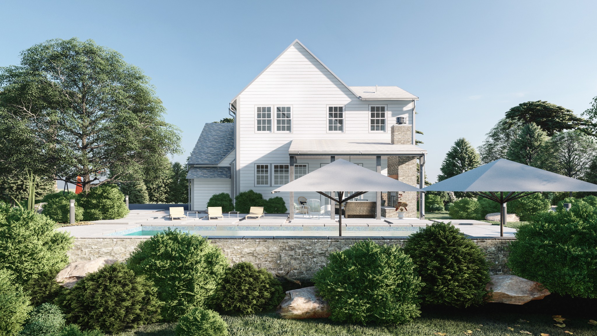 Wizualizacja domu jednorodzinnego z basenem i ogrodem, widok z tyłu, jasna elewacja, kamienny komin, parasole ogrodowe, krzesła wypoczynkowe przy basenie.