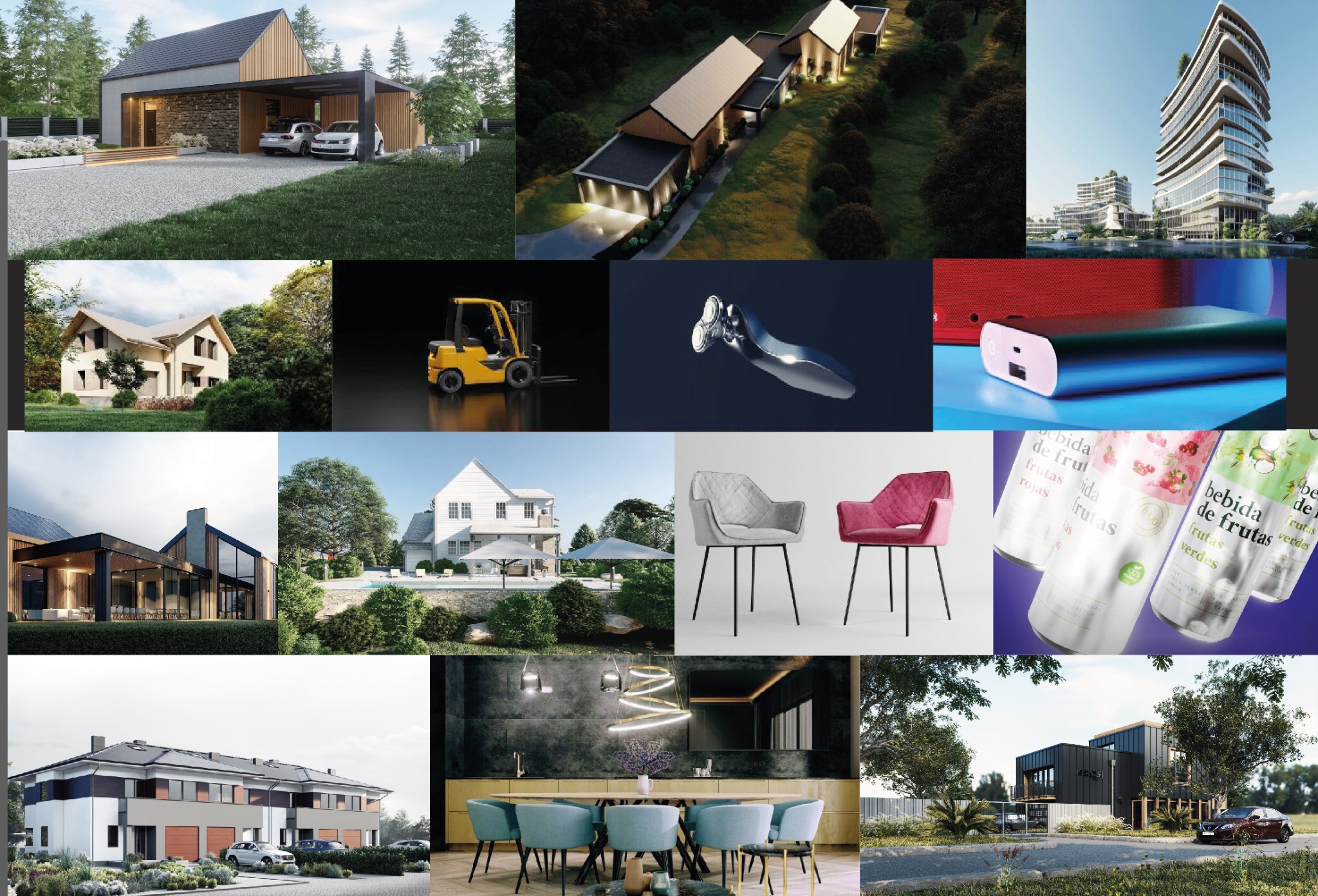 Kompilacja renderingów 3D przedstawiających różne budynki mieszkalne i komercyjne, meble, sprzęt i produkty, ukazująca różnorodność projektów i wizualizacji.