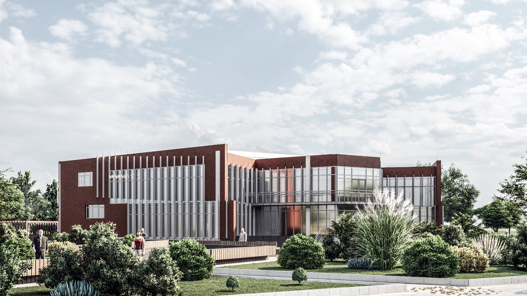 Wizualizacja budynku biurowego z dużą ilością przeszkleń, otoczonego zielenią i z osobami w tle.