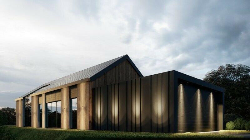 Wizualizacja nowoczesnego domu jednorodzinnego we Wrocławiu z elementami drewna i grafitowej blachy, oświetlonego punktowymi lampami na elewacji.