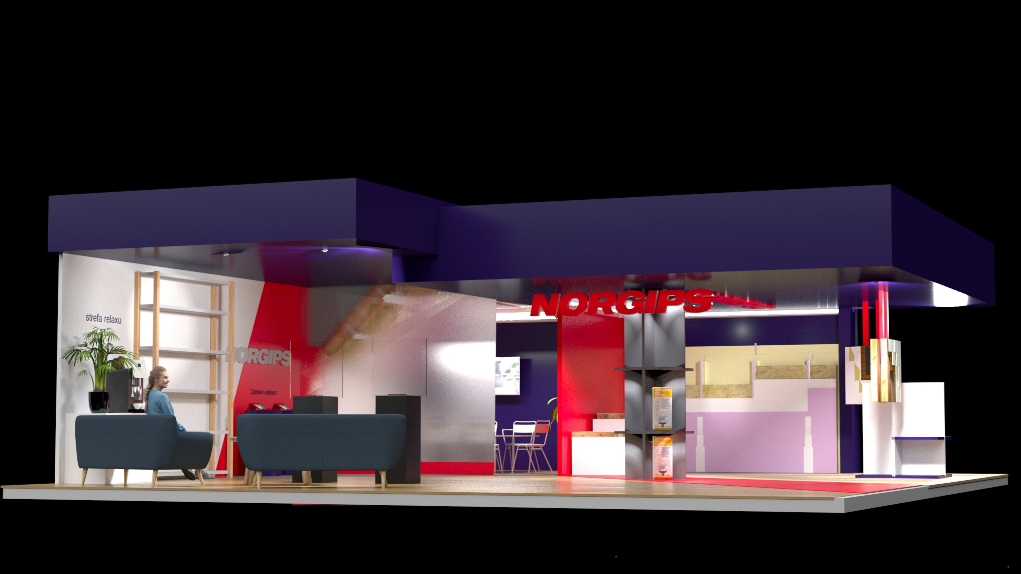 Wizualizacja 3D stoiska targowego Norgips z wydzieloną strefą relaksu z sofami i roślinami, oraz ekspozycją produktów na półkach, oświetlona czerwonymi akcentami.