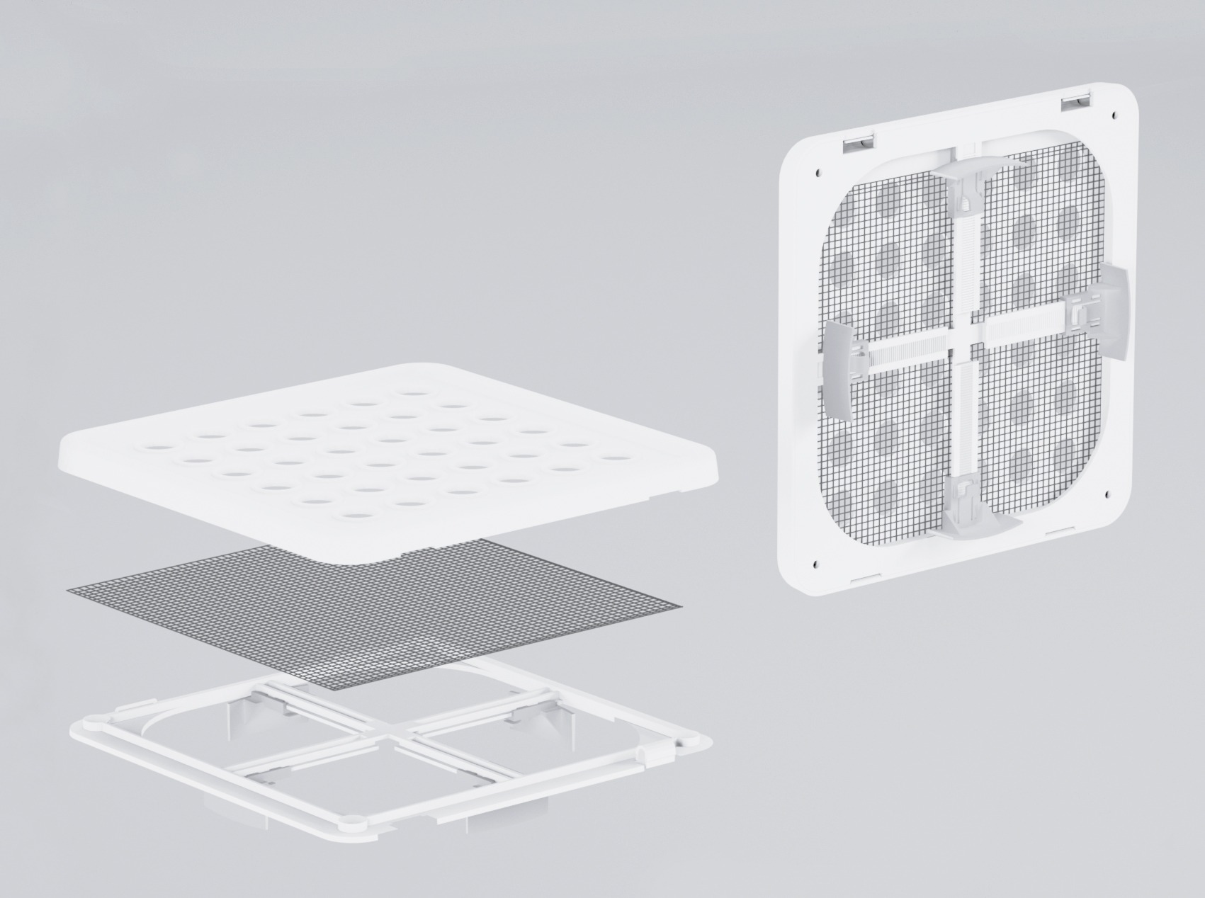 Rozłożony na części biały, kwadratowy kratka wentylacyjna z siatką przeciw owadom, widok z góry na szarym tle.