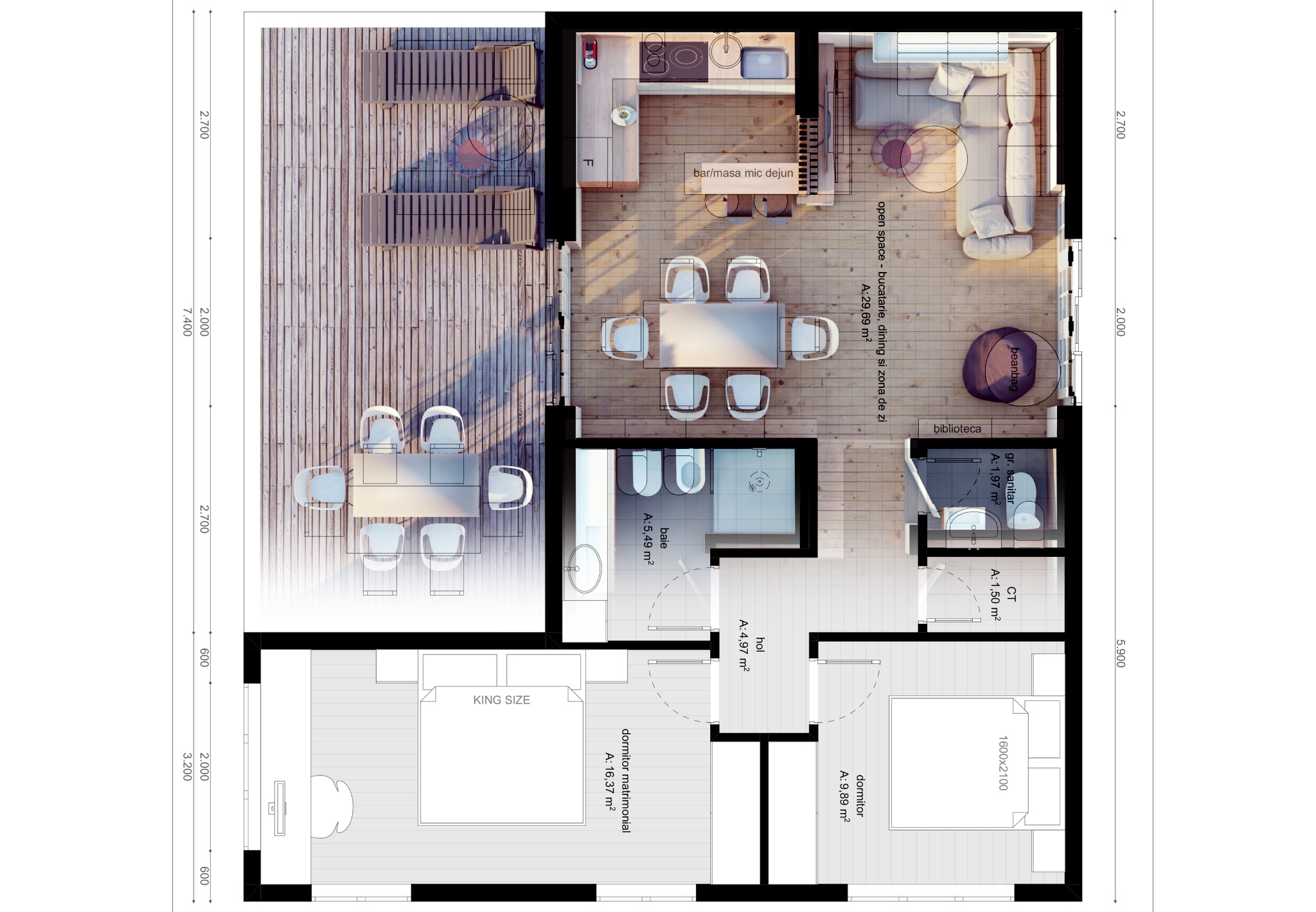 Rzut z góry na projekt domu z tarasem, salonem połączonym z jadalnią i kuchnią, dwiema sypialniami i dwiema łazienkami, z uwzględnieniem wymiarów i powierzchni pomieszczeń.