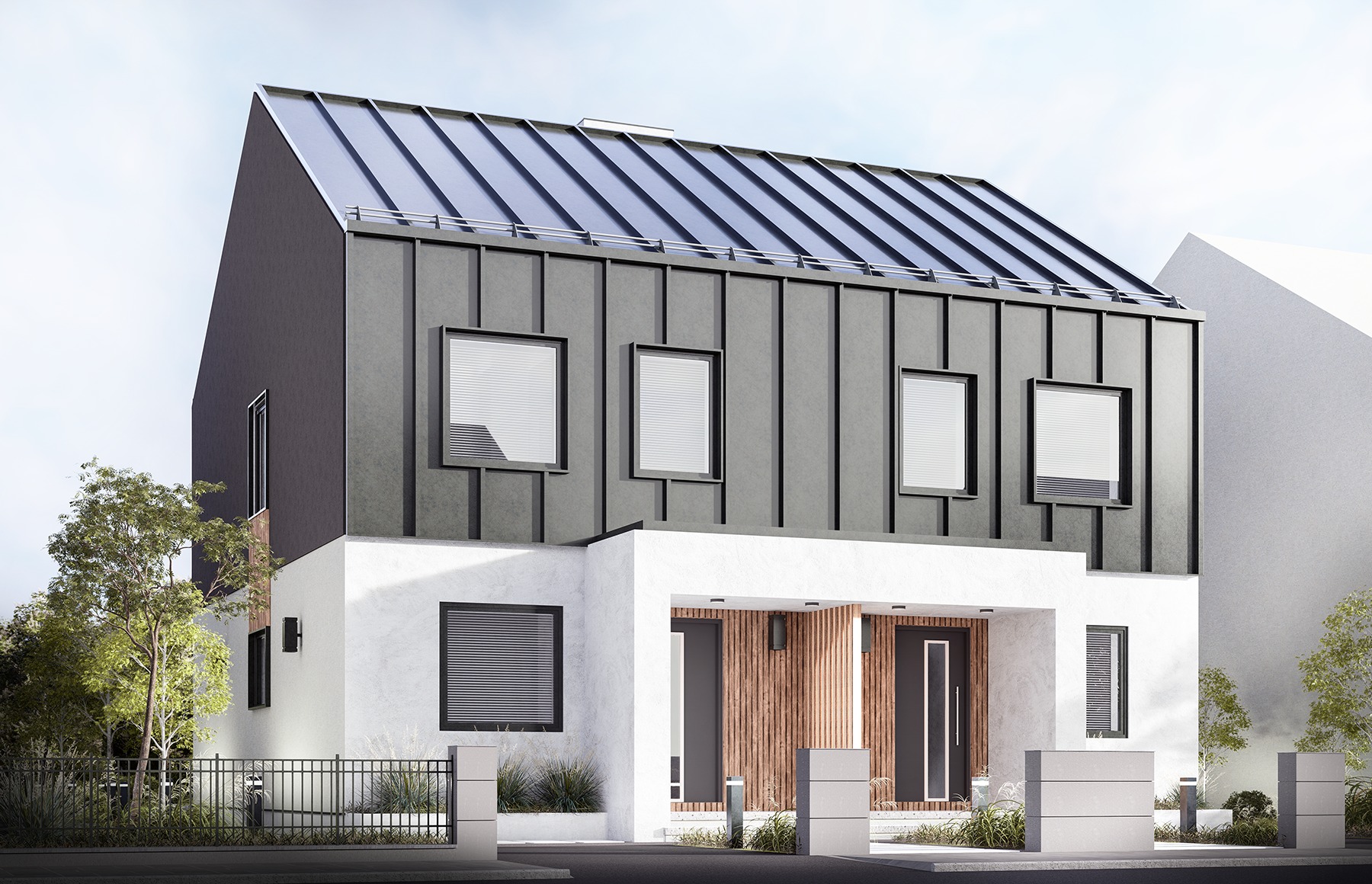 Wizualizacja nowoczesnego domu jednorodzinnego z szarą elewacją i metalowym dachem, z białym parterem i drewnianymi elementami przy wejściu, otoczonego zielenią i niskim ogrodzeniem.