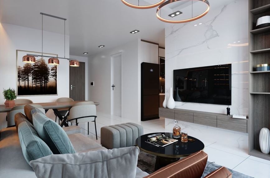 Wizualizacja wnętrza salonu z jadalnią w stylu minimalistycznym, z marmurową ścianą za telewizorem, okrągłymi lampami sufitowymi i szarymi meblami.