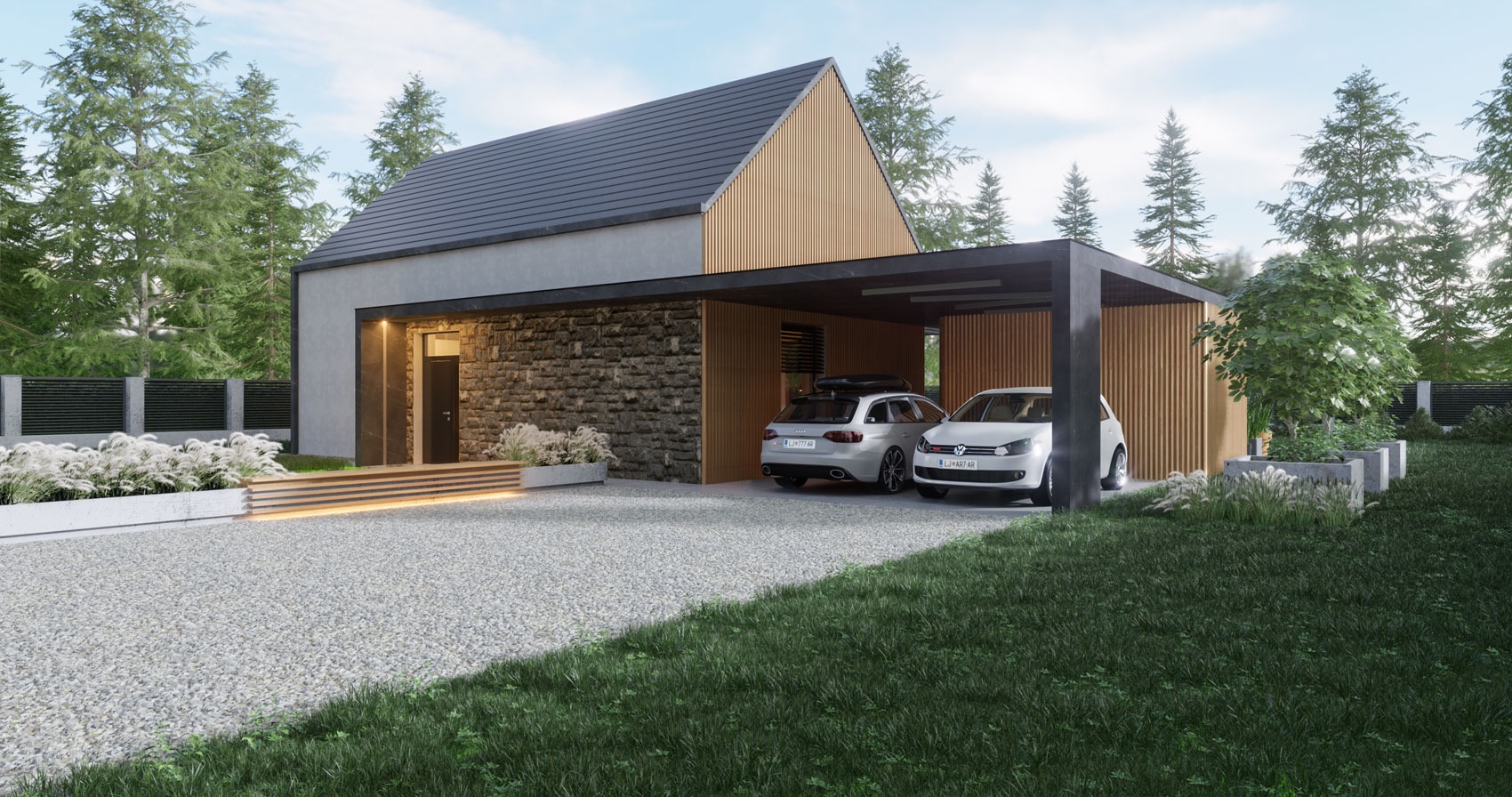 Wizualizacja domu jednorodzinnego z podjazdem, dwoma samochodami pod wiatą, elewacją z kamienia i drewna oraz nowoczesnym oświetleniem zewnętrznym.