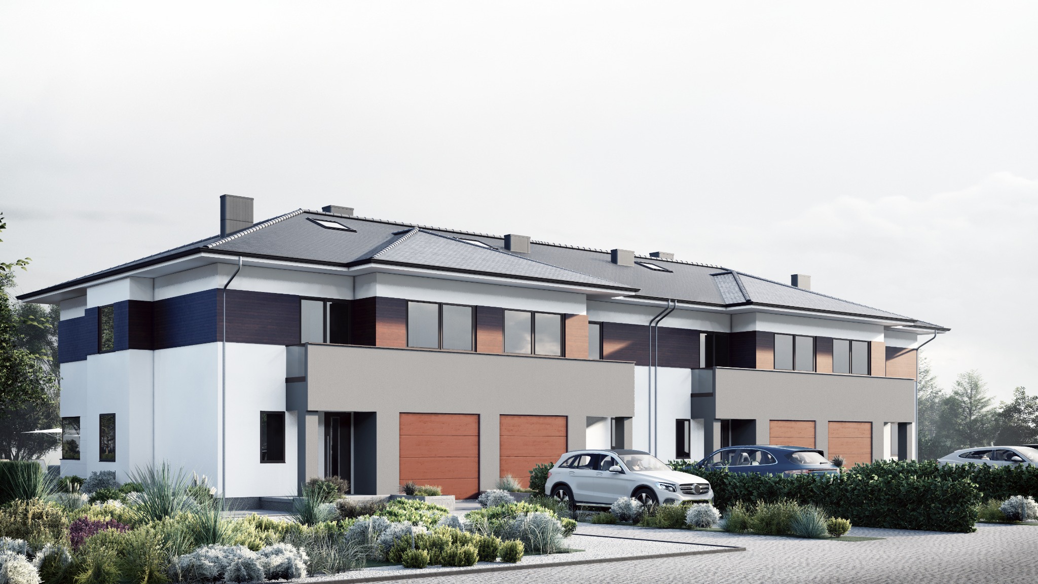 Wizualizacja dwóch nowoczesnych domów dwulokalowych z garażami, z szarym dachem i drewnianymi akcentami, otoczonych zielenią i zaparkowanymi samochodami.