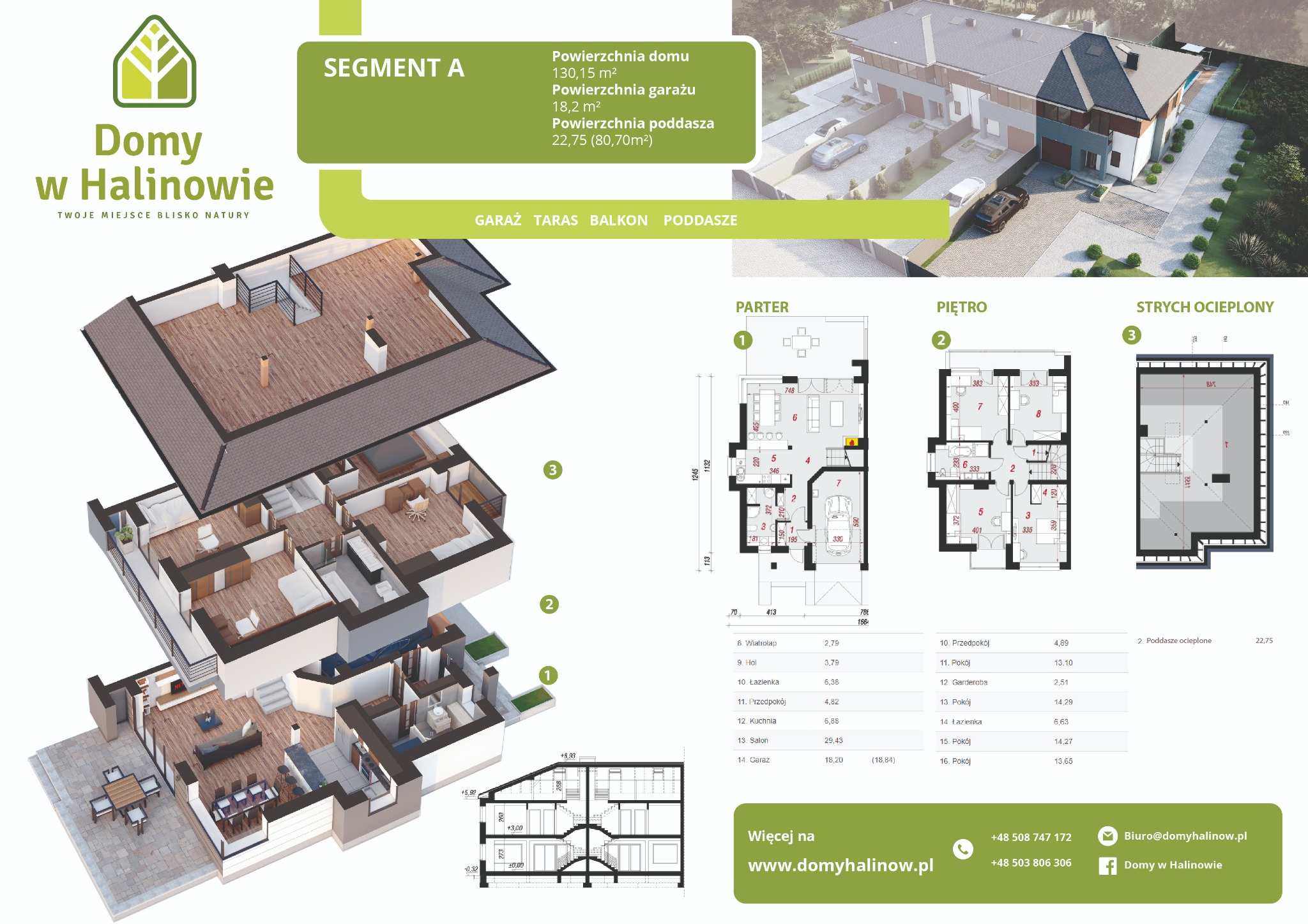 Wizualizacja 3D i plan domu jednorodzinnego Segment A z garażem, tarasem, balkonem i poddaszem, prezentująca rozkład pomieszczeń na parterze, piętrze i strychu ocieplonym, wraz z wymiarami...