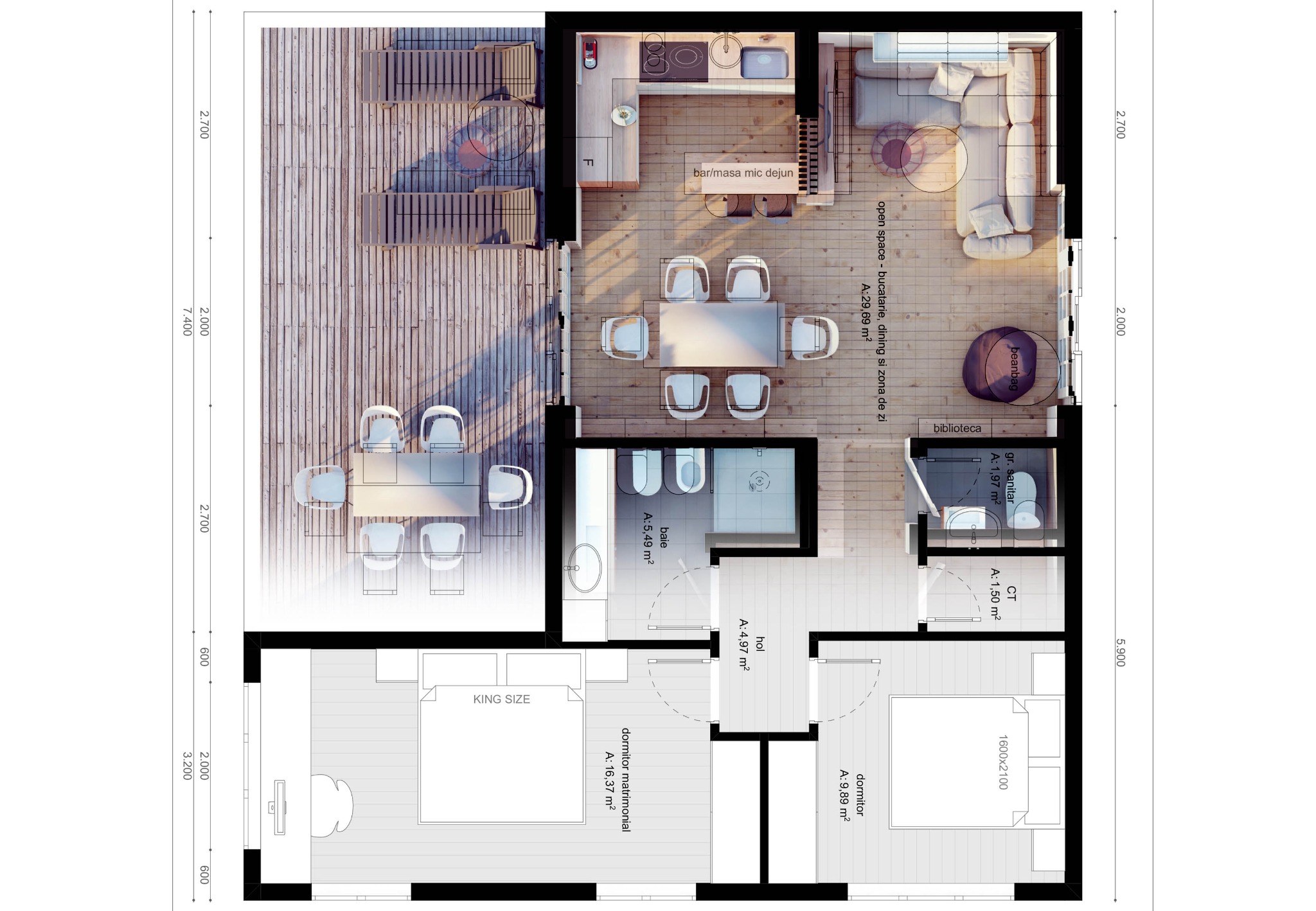Architektoniczny rzut z góry na plan mieszkania z tarasem, uwzględniający wymiary, rozmieszczenie mebli i wyposażenia w poszczególnych pomieszczeniach: sypialni, łazienki, salonu z kuchnią i jadalnią.