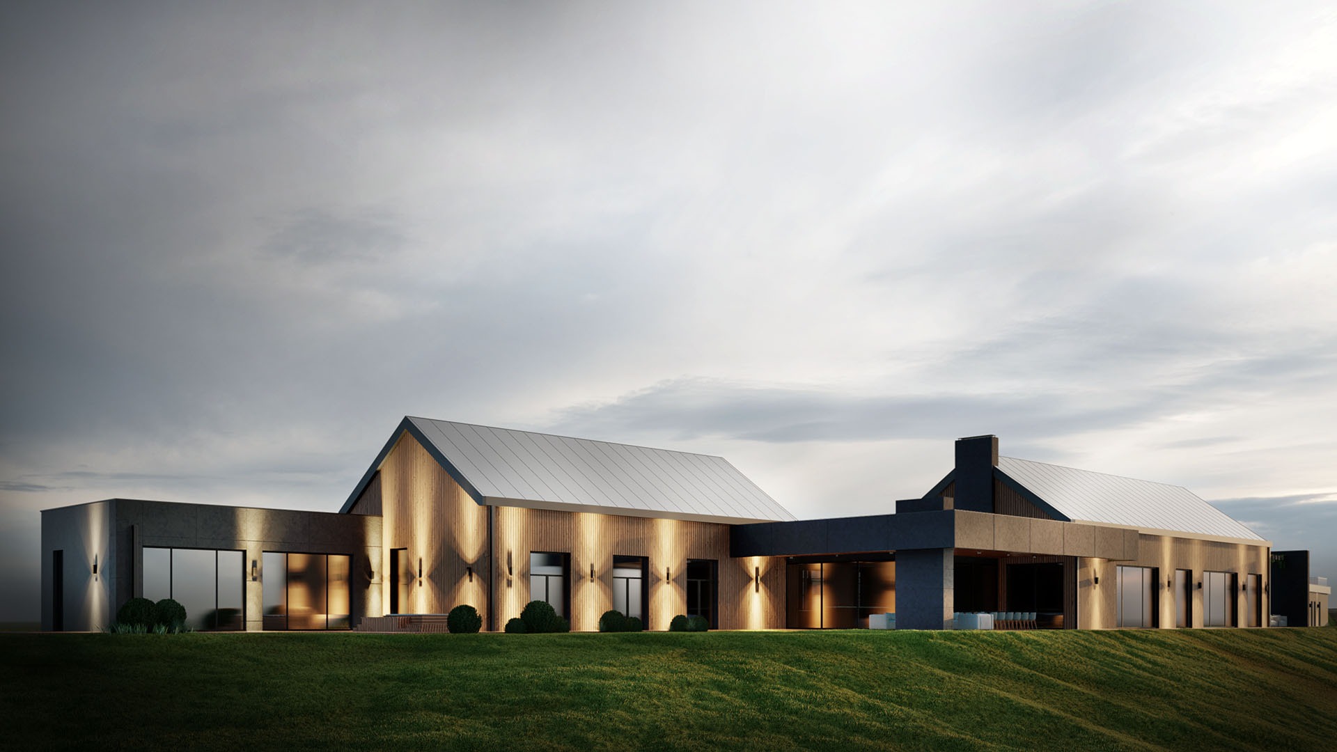 Wizualizacja nowoczesnego domu jednorodzinnego z drewnianą elewacją i szarym dachem na tle pochmurnego nieba, oświetlonego lampami zewnętrznymi.