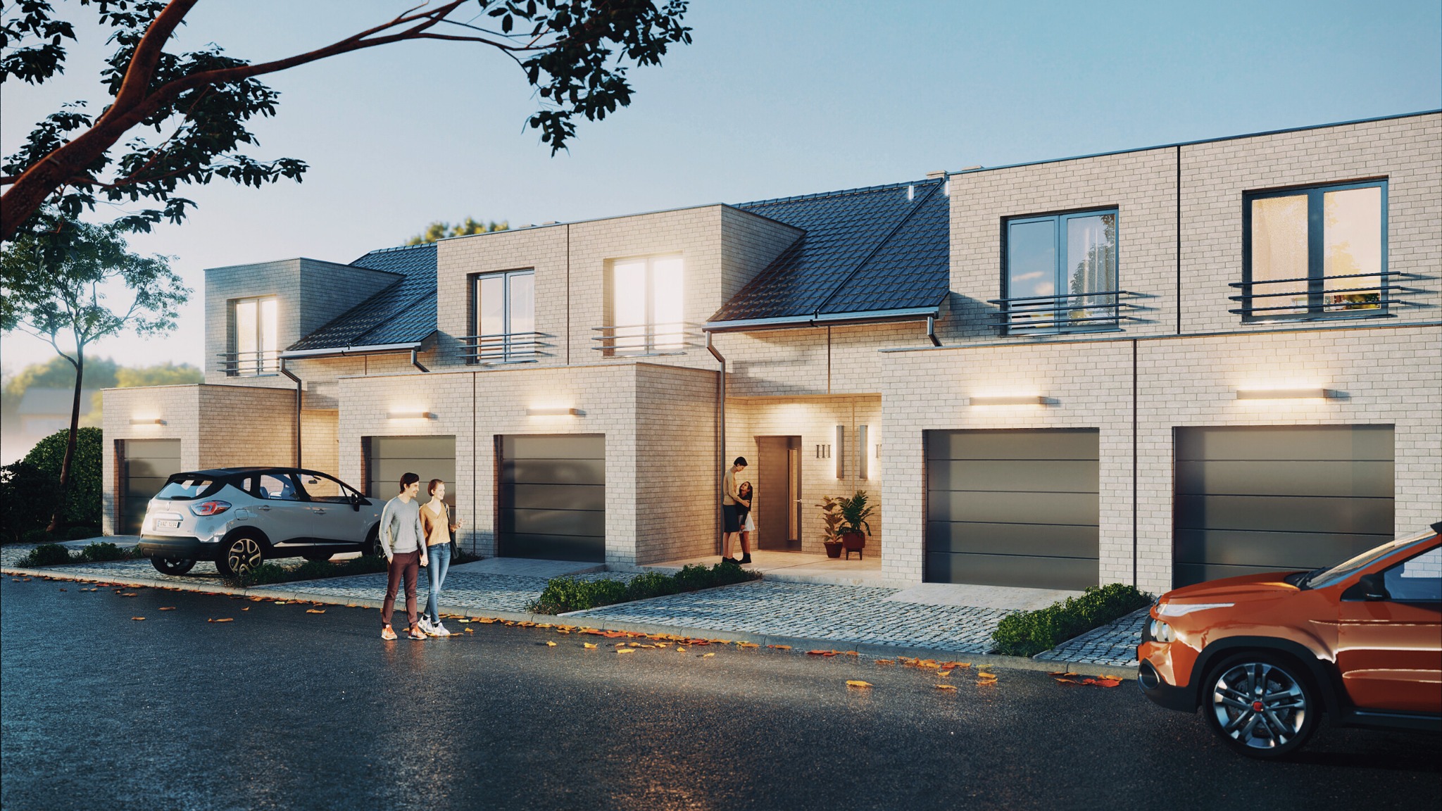 Wizualizacja szeregu nowoczesnych domów z garażami, z dwoma samochodami i ludźmi na chodniku, oświetlenie elewacji włączone.