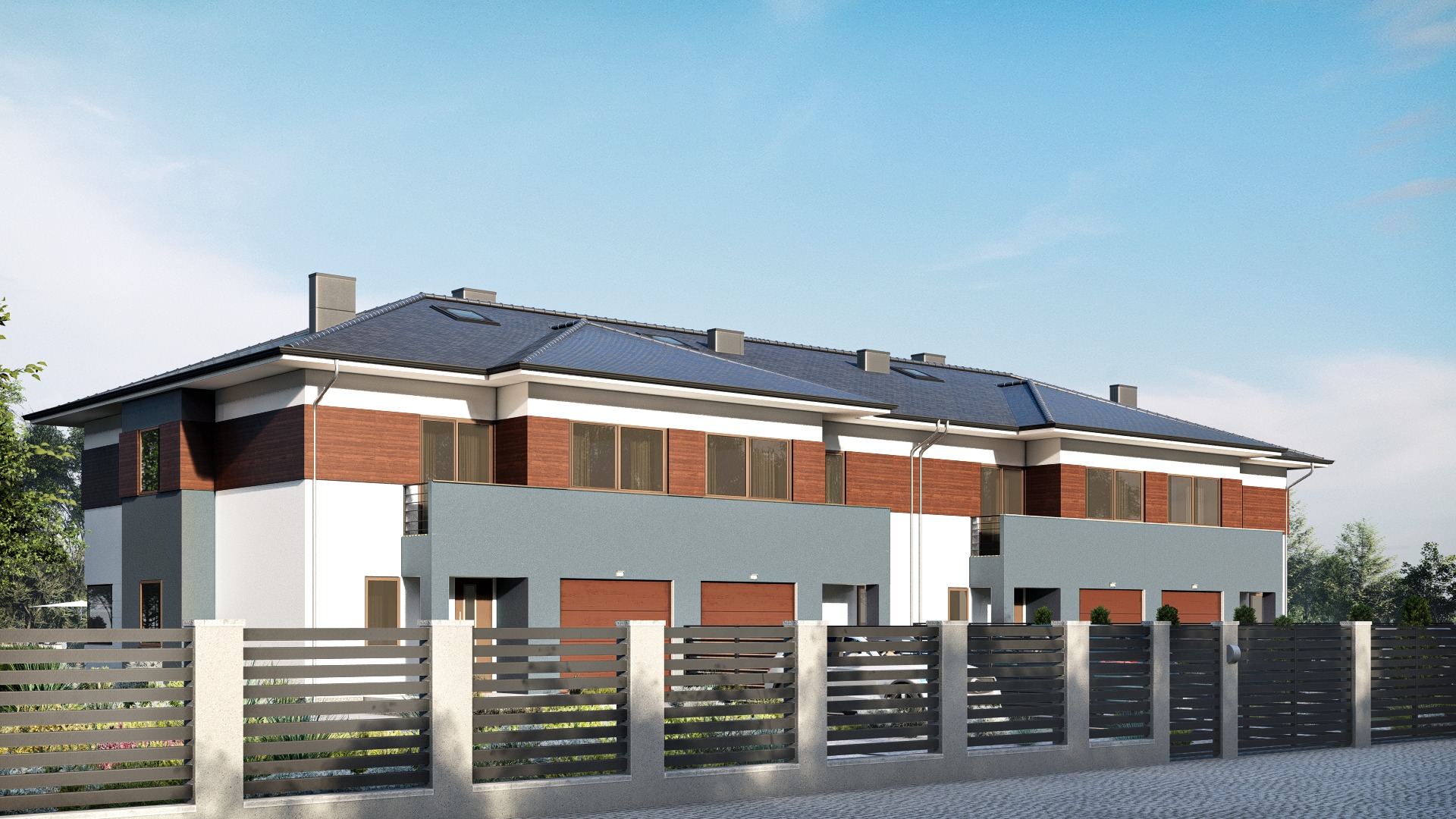 Wizualizacja szeregu nowoczesnych domów dwukondygnacyjnych z płaskimi dachami i drewnianymi akcentami, otoczonych szarym, poziomym ogrodzeniem i brukowanym chodnikiem.