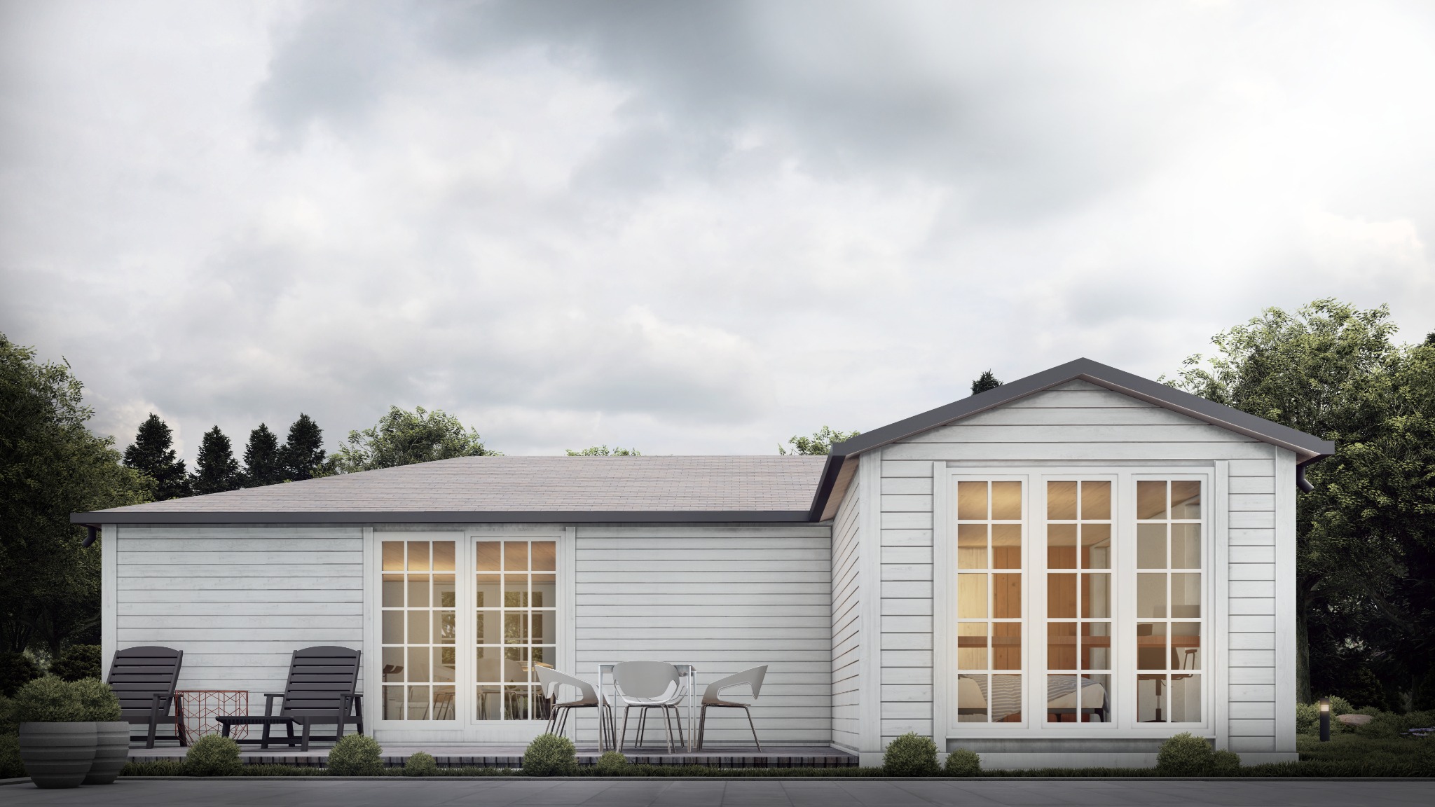 Wizualizacja 3D białego, parterowego domu z dużymi oknami i tarasem z krzesłami na tle pochmurnego nieba i zieleni.