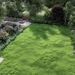 Widok z góry na starannie zaprojektowany ogród z równo przystrzyżonym trawnikiem, rabatami kwiatowymi z hortensjami i ścieżką z płyt betonowych. W tle widoczny plac z paleniskiem otoczony żwirem...