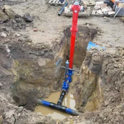 Czerwony hydrant w wykopie z instalacją wodociągową. Widoczne złącza i rury w ziemi. Prace ziemne w toku, teren budowy.