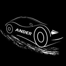 Minimalistyczny, biały wektorowy rysunek samochodu z napisem 'ANDER' na czarnym tle, sugerujący logo firmy motoryzacyjnej lub warsztatu.