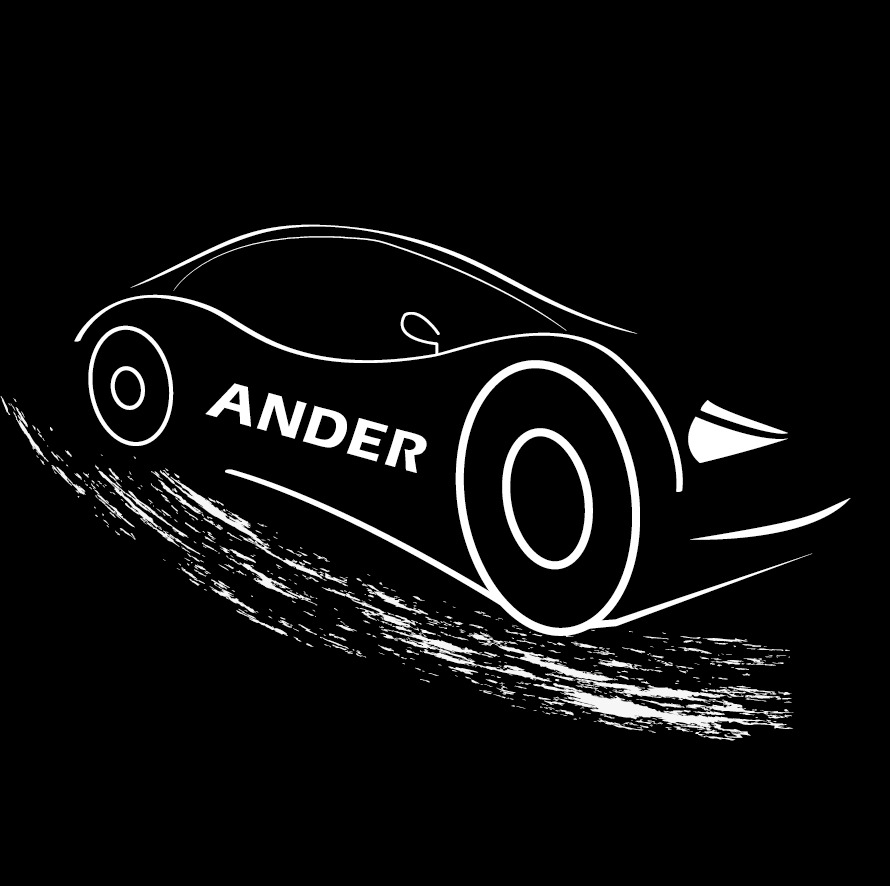 Minimalistyczny, biały wektorowy rysunek samochodu z napisem 'ANDER' na czarnym tle, sugerujący logo firmy motoryzacyjnej lub warsztatu.