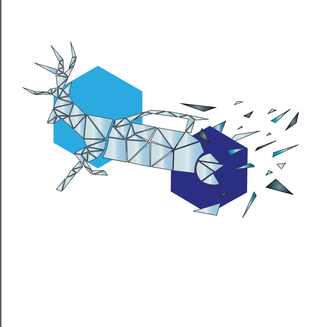 Geometryczny jeleń, utworzony z trójkątów, skacze przez dwa sześciokąty w odcieniach niebieskiego, z fragmentami rozpadającymi się za nim.