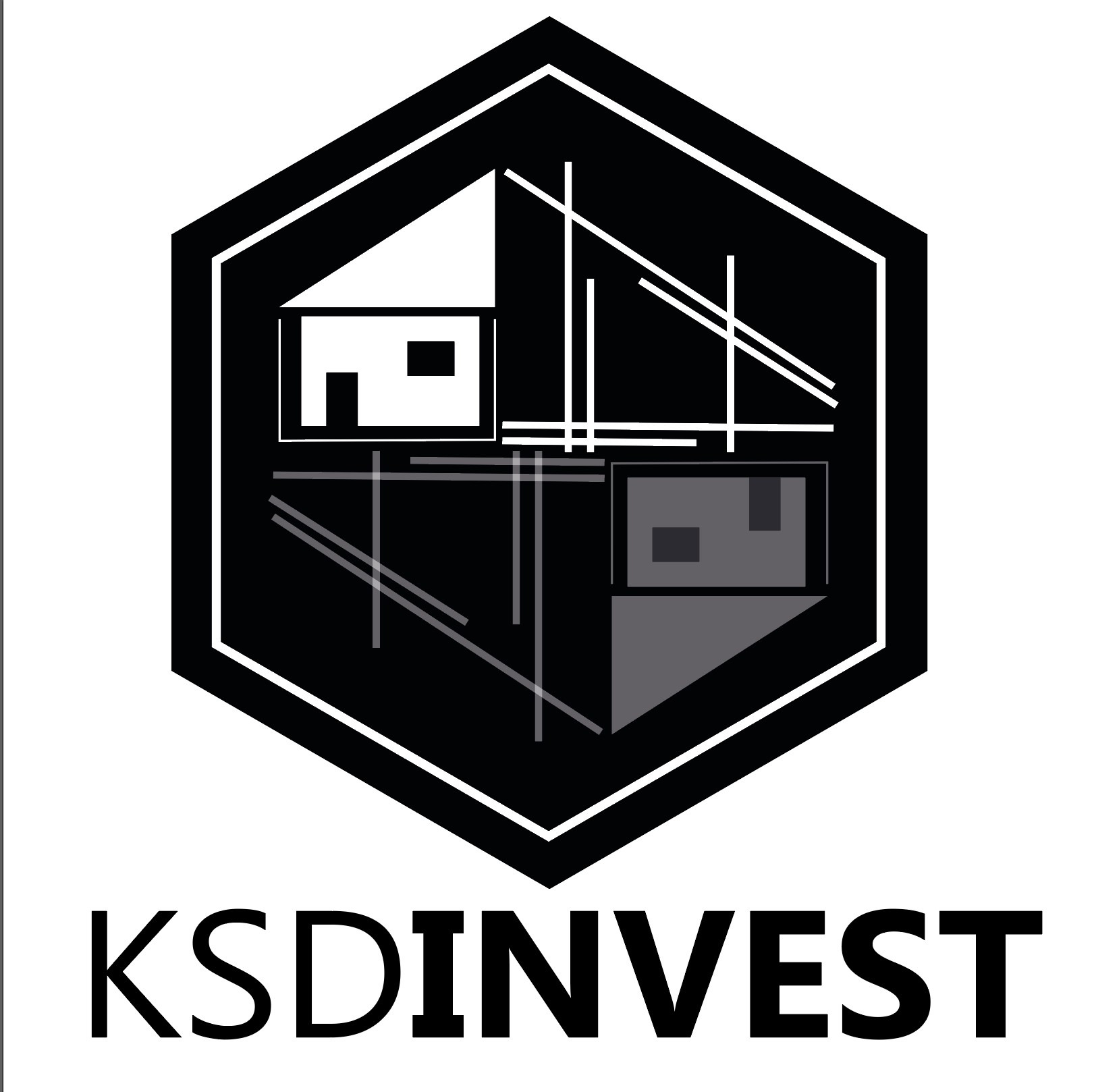 Geometryczny, czarno-biały logotyp firmy KSDINVEST przedstawiający schematycznie dom i budowę w heksagonalnej ramie.