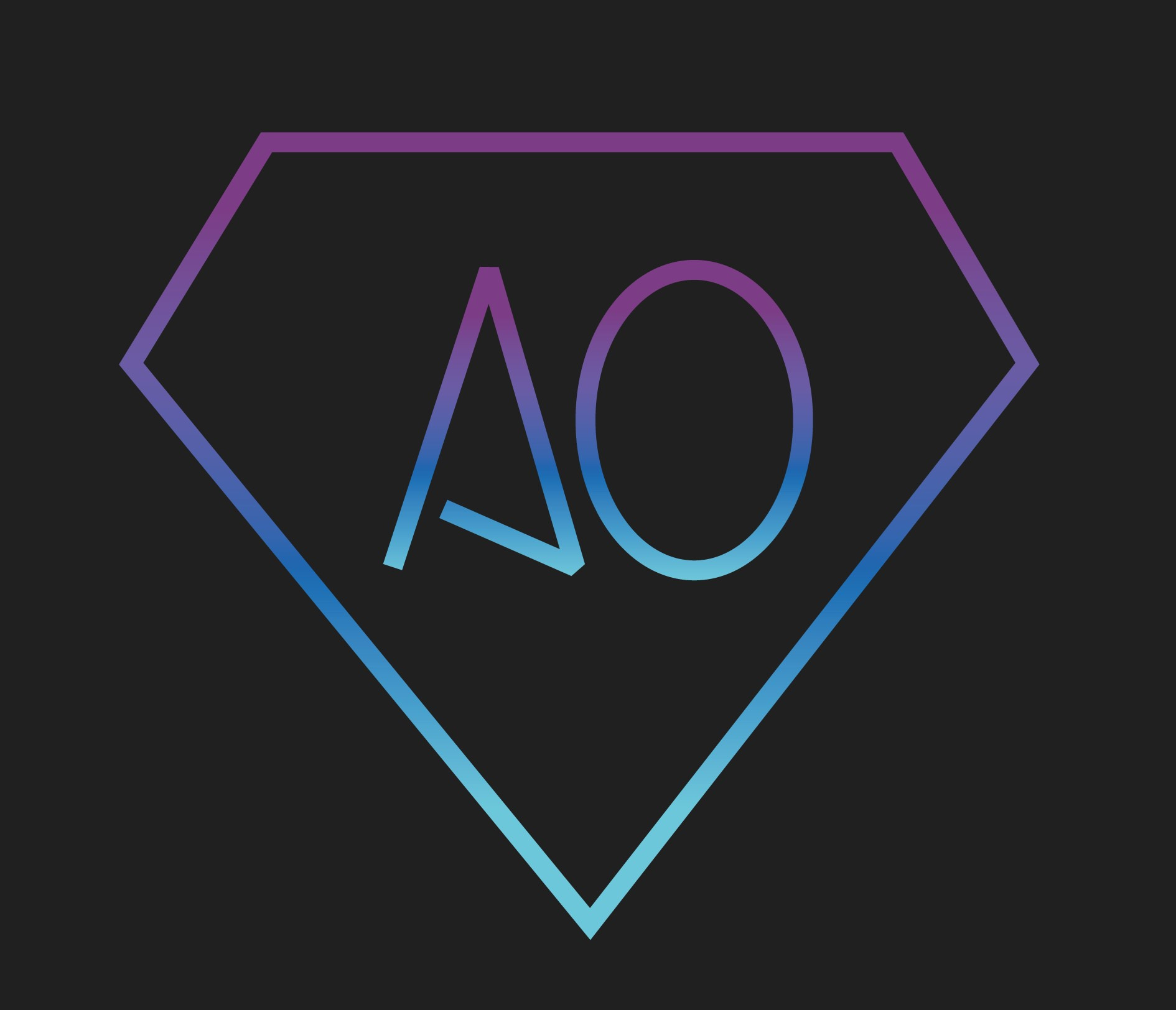 Gradientowe logo 'AO' w kształcie rombu, przechodzące od fioletu do błękitu na ciemnym tle.