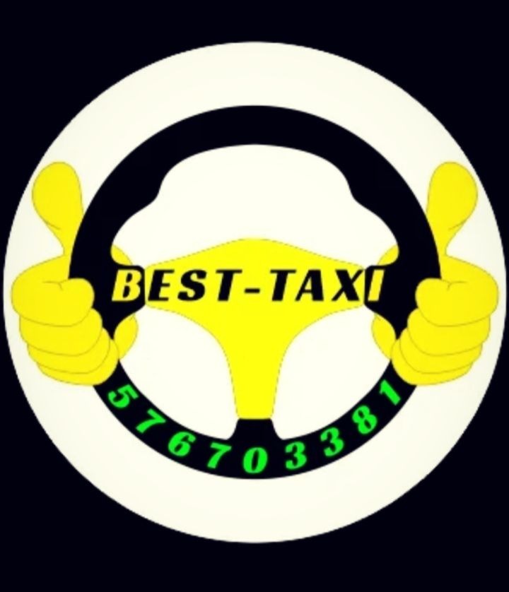 Grafika przedstawia stylizowane logo firmy taksówkarskiej BEST-TAXI z numerem telefonu 576 703 381, w formie kierownicy z dłońmi z uniesionymi kciukami.