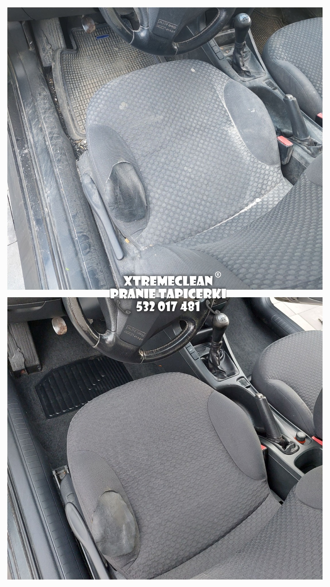 Porównanie: Tapicerka samochodowa przed i po praniu, widoczne różnice w czystości na fotelu kierowcy i dywaniku, zarys deski rozdzielczej i dźwigni zmiany biegów.