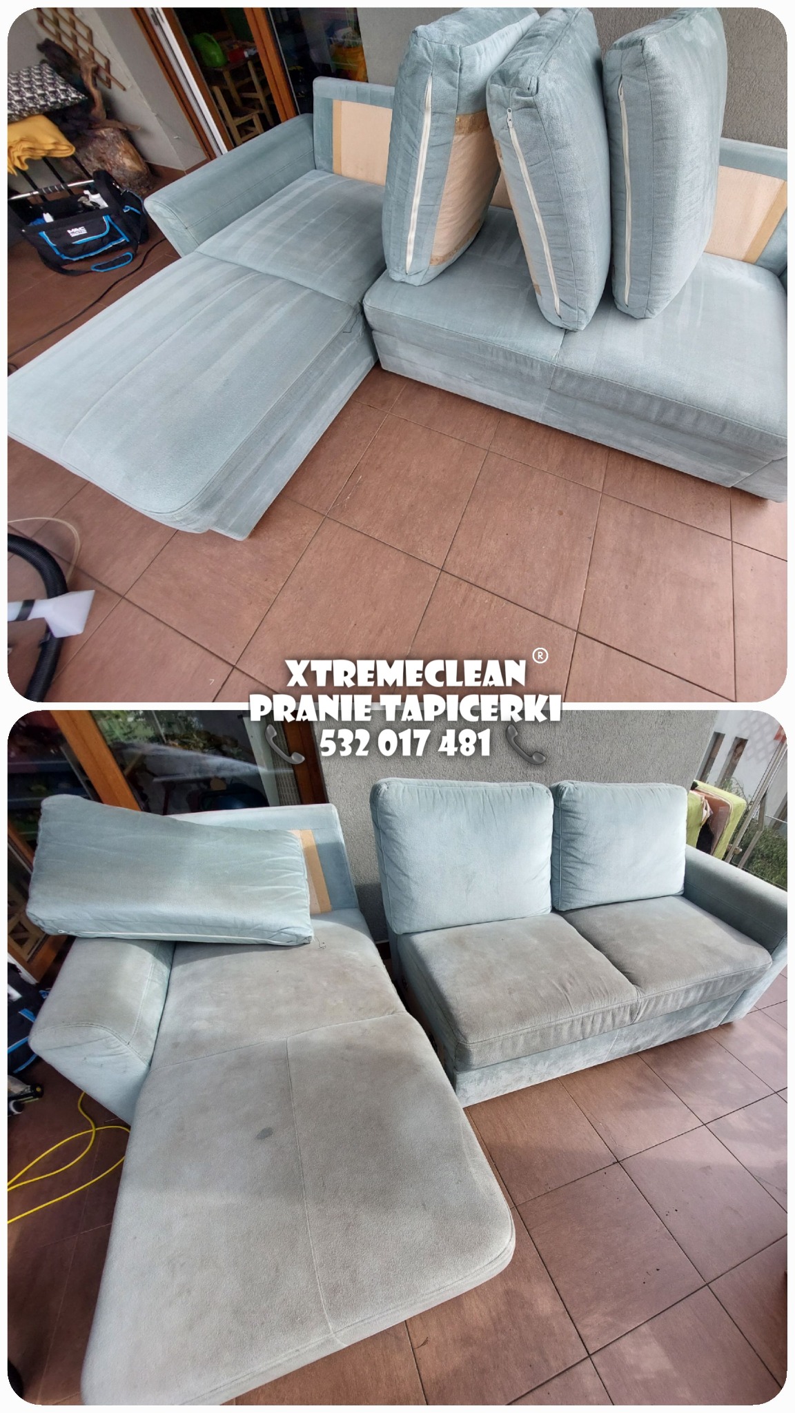 Dwuetapowe zdjęcie narożnika tapicerowanego w odcieniach błękitu: górna część po czyszczeniu, z poduszkami oparcia zdjętymi i ułożonymi na siedzisku; dolna część przed czyszczeniem, z widocznymi...