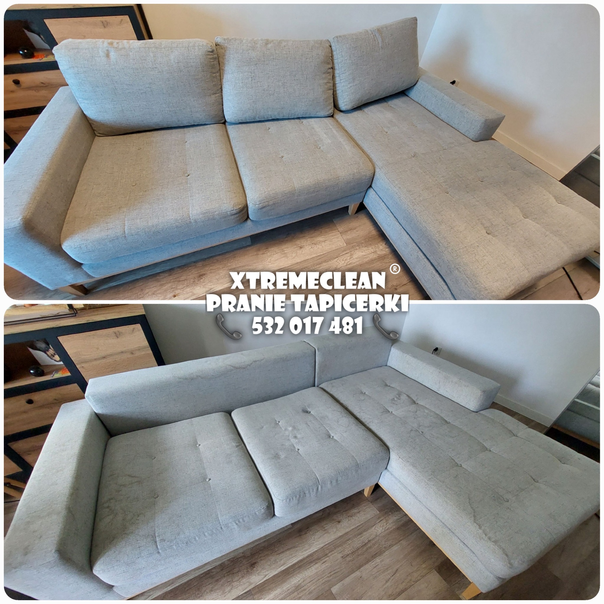 Porównanie stanu sofy narożnej przed i po czyszczeniu, widoczne różnice w odcieniu i usunięte plamy na jasnoszarej tapicerce.
