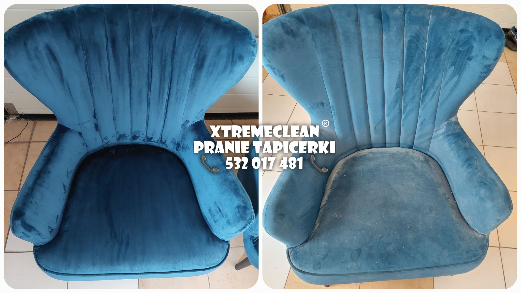 Krzesło tapicerowane w odcieniach niebieskiego, widok przed i po czyszczeniu, prezentujące wyraźną różnicę w wyglądzie tapicerki.