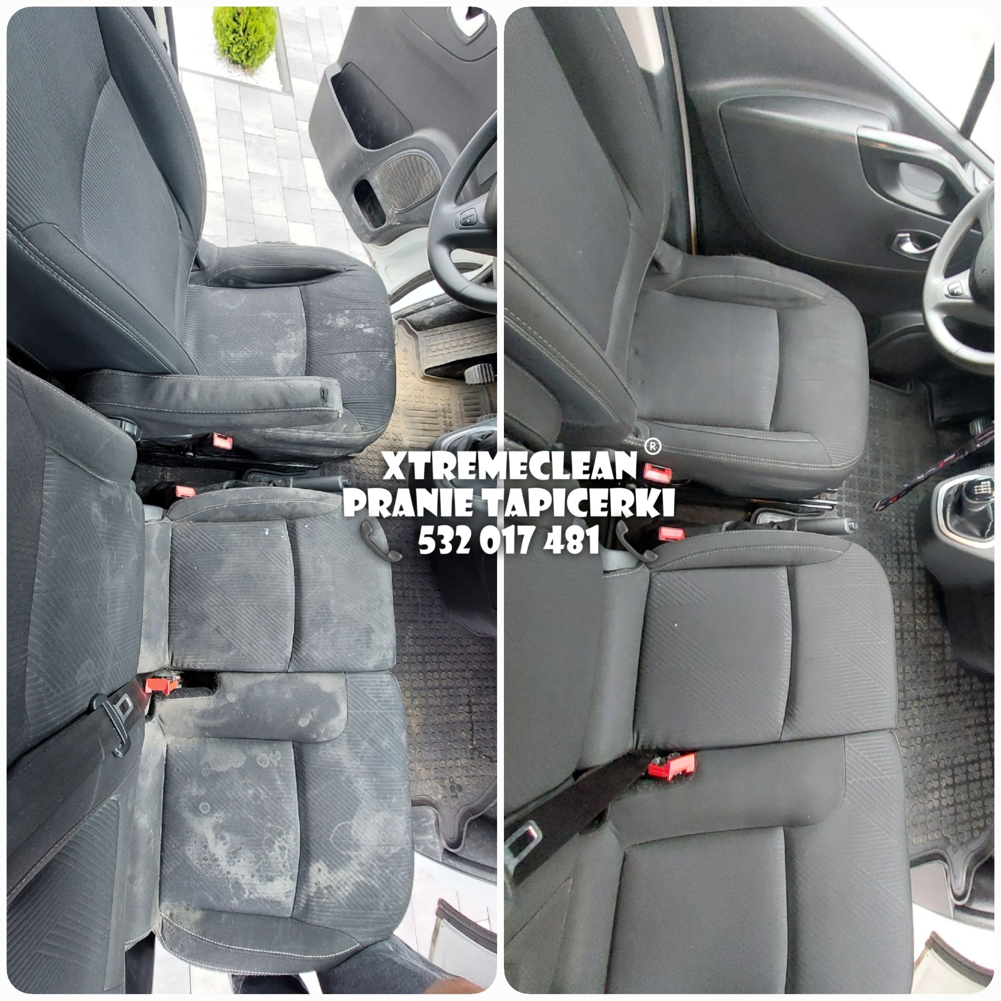 Porównanie foteli samochodowych przed i po czyszczeniu tapicerki, widoczne różnice w czystości i wyglądzie materiału.