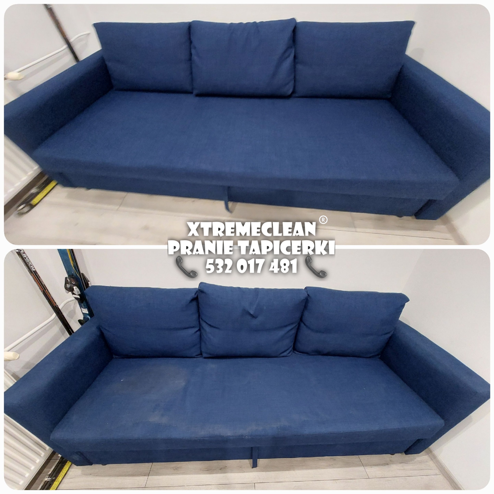 Zdjęcie przedstawia sofę z granatową tapicerką w dwóch ujęciach: górne po czyszczeniu, dolne przed czyszczeniem, ukazujące różnicę w wyglądzie.