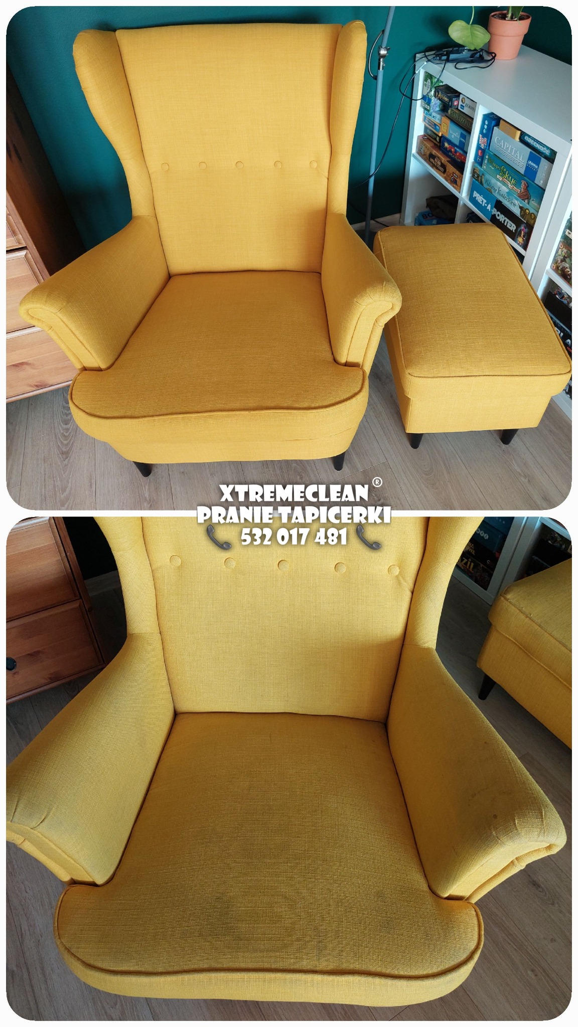 Żółty fotel uszak z podnóżkiem, widoczne przed i po czyszczeniu tapicerki, z logo firmy XtremeClean i numerem telefonu.