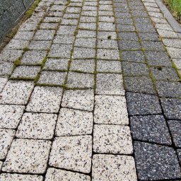 MT Mycie ciśnieniowe - Częściowo wyczyszczona kostka brukowa ukazuje różnicę w kolorze, z mchem w szczelinach. Perspektywa z dołu wzdłuż ścieżki, trawa po prawej, mur po lewej.