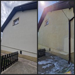 MT Mycie ciśnieniowe - Elewacja domu przed i po czyszczeniu: po lewej - czysta, jasna ściana, po prawej - brudna ściana z zaciekami i mokry chodnik po myciu.