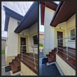 MT Mycie ciśnieniowe - Zdjęcie 'przed i po' prezentuje różnicę w czystości elewacji domu. Po lewej stronie widoczny brud, po prawej świeżo umyta ściana i kostka brukowa.