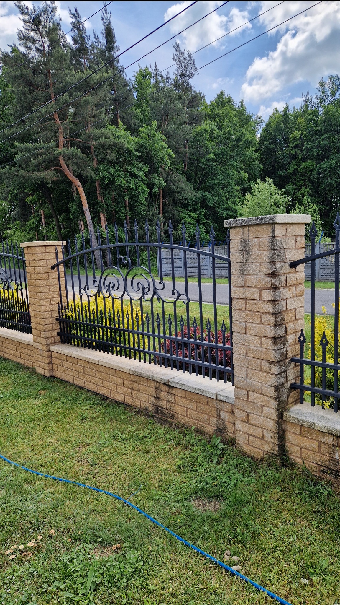 Fragment ogrodzenia z cegły i metaloplastyki, widoczne zabrudzenia na cegle, sugerujące potrzebę oczyszczenia, na tle zieleni i błękitnego nieba.