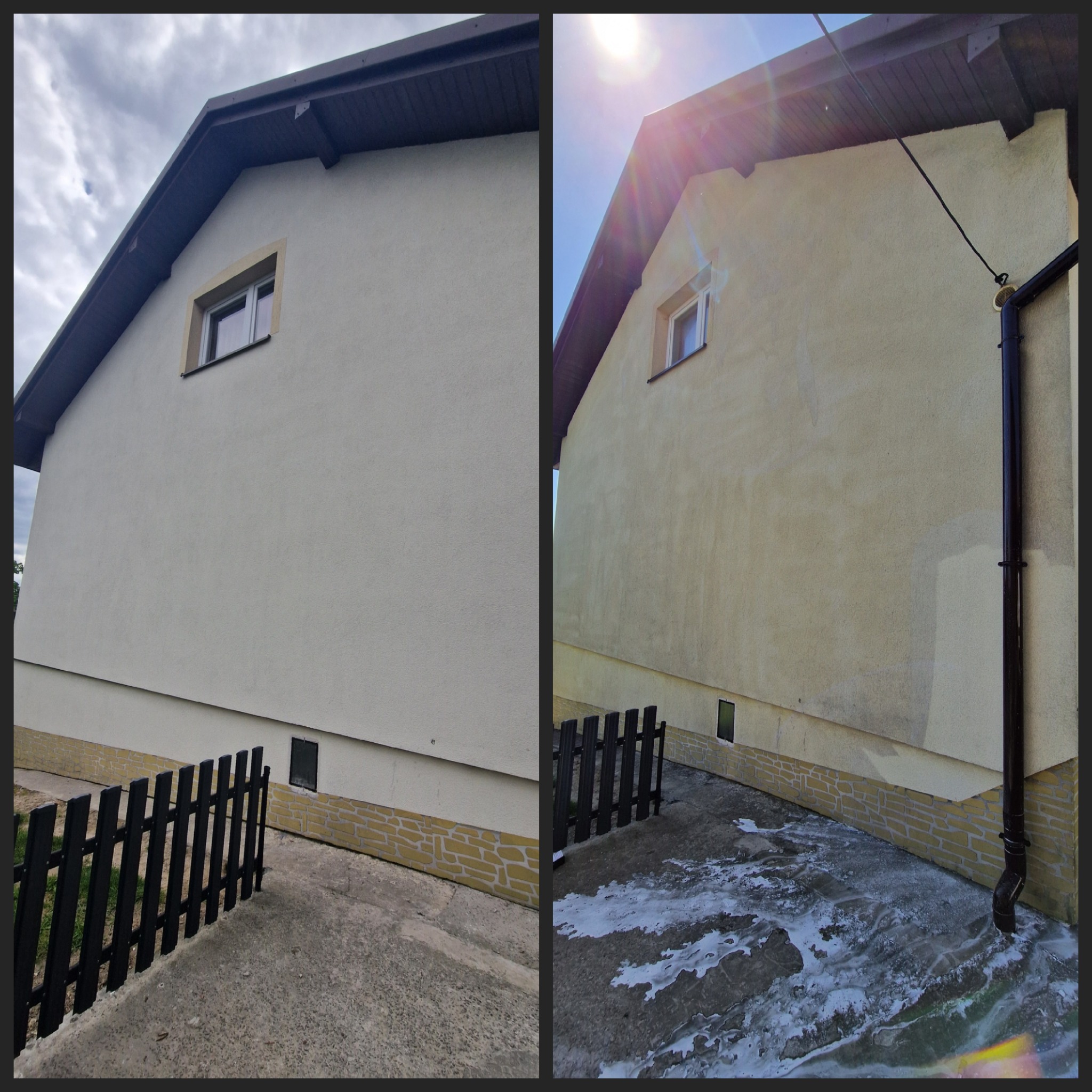 Elewacja domu przed i po czyszczeniu: po lewej - czysta, jasna ściana, po prawej - brudna ściana z zaciekami i mokry chodnik po myciu.