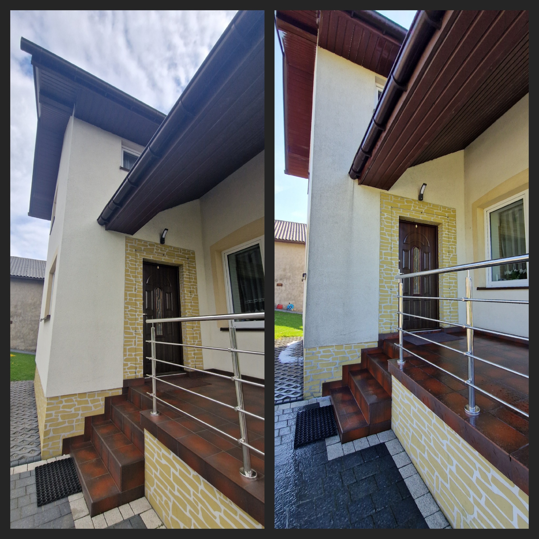 Zdjęcie 'przed i po' prezentuje różnicę w czystości elewacji domu. Po lewej stronie widoczny brud, po prawej świeżo umyta ściana i kostka brukowa.