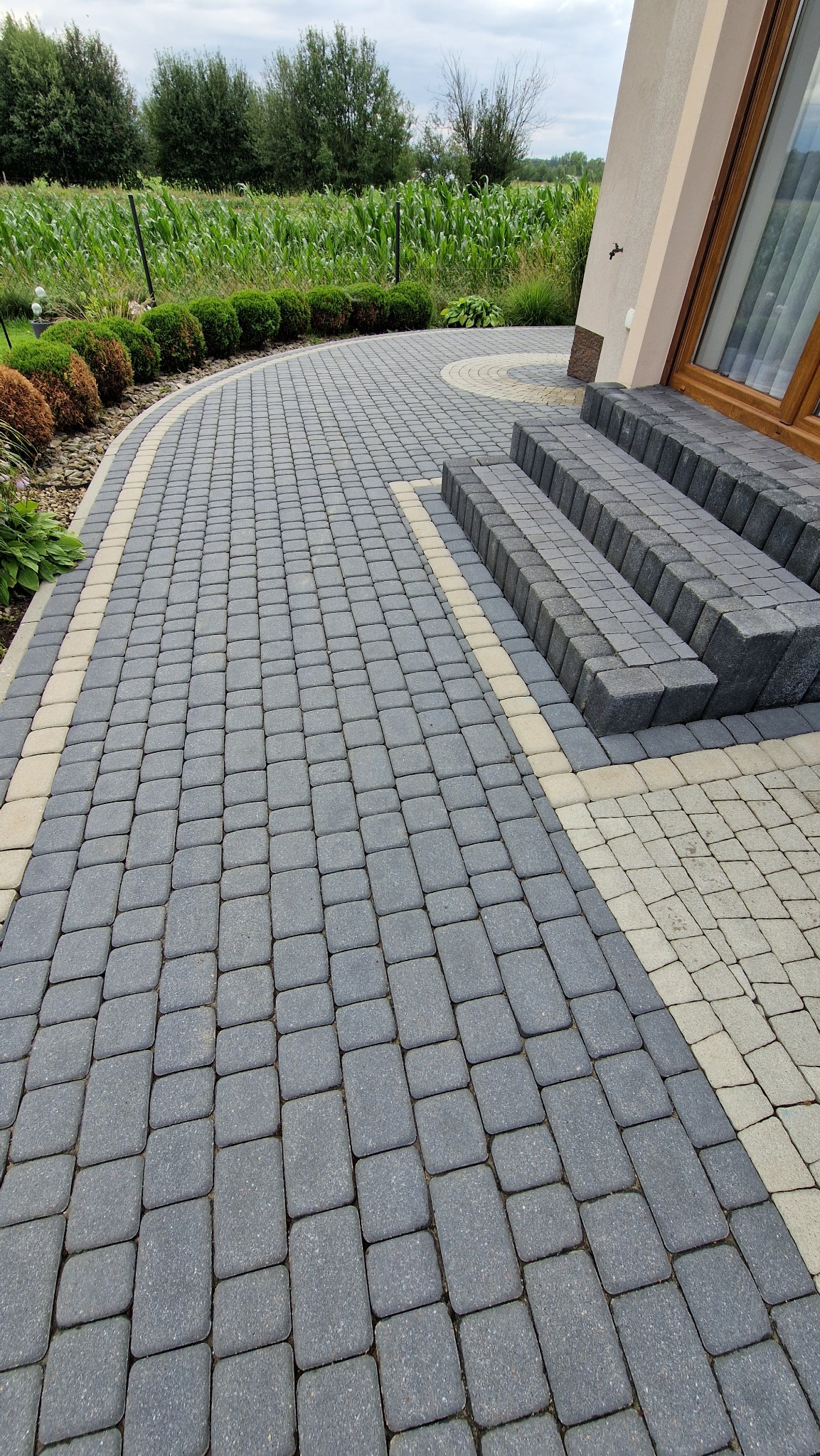 Ułożona, szara kostka brukowa z jasnymi obrzeżami prowadząca do schodów wejściowych. W tle zielony trawnik i krzewy. Widok na elewację budynku z oknem.