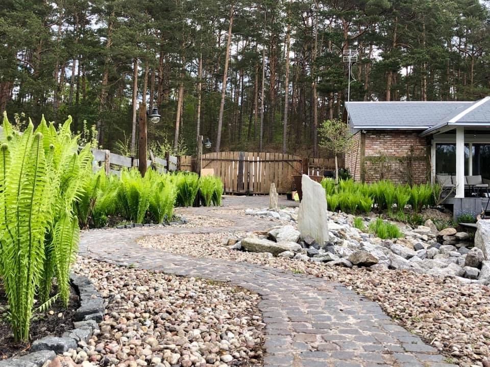 Kręta ścieżka z kostki brukowej prowadząca przez ogród skalny z paprociami i dużym, pionowym kamieniem dekoracyjnym, na tle lasu i budynku z cegły.