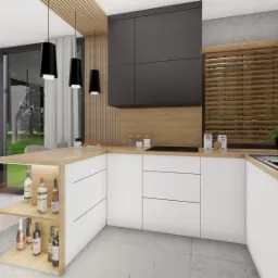 Wizualizacja nowoczesnej kuchni z białymi szafkami, drewnianym blatem, czarnym okapem i otwartym regałem na wino, widok na jadalnię i okno z drewnianymi żaluzjami.