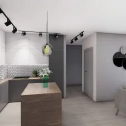 Wizualizacja nowoczesnej kuchni z wyspą, szare szafki, białe płytki heksagonalne, oświetlenie punktowe na szynach, dekoracyjna lampa wisząca i abstrakcyjna dekoracja ścienna w salonie.