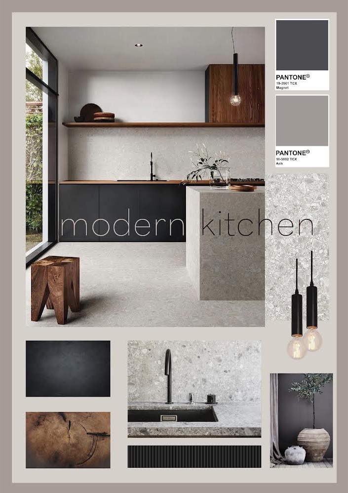 Moodboard prezentujący projekt nowoczesnej kuchni z czarnymi szafkami, drewnianym blatem, wyspą z szarego kamienia, drewnianym stołkiem i paletą kolorów Pantone.